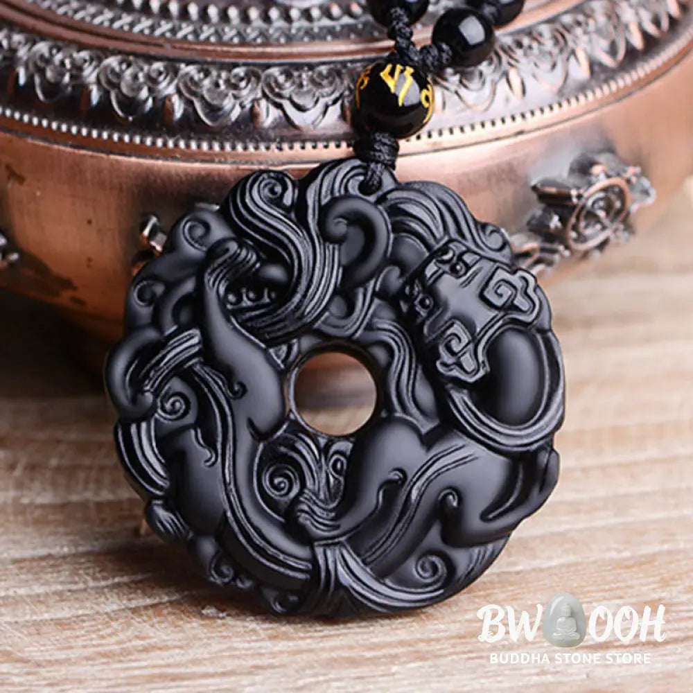 Buddha Stones Natural Black Obsidian Peace Buckle Pixiu Purification Necklace Pendant - BWOOOH - Black Obsidian