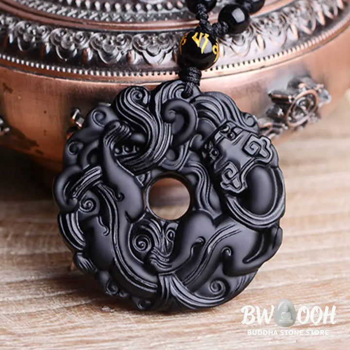 Buddha Stones Natural Black Obsidian Peace Buckle Pixiu Purification Necklace Pendant - BWOOOH - Black Obsidian