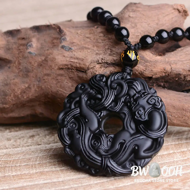 Buddha Stones Natural Black Obsidian Peace Buckle Pixiu Purification Necklace Pendant - BWOOOH - Black Obsidian