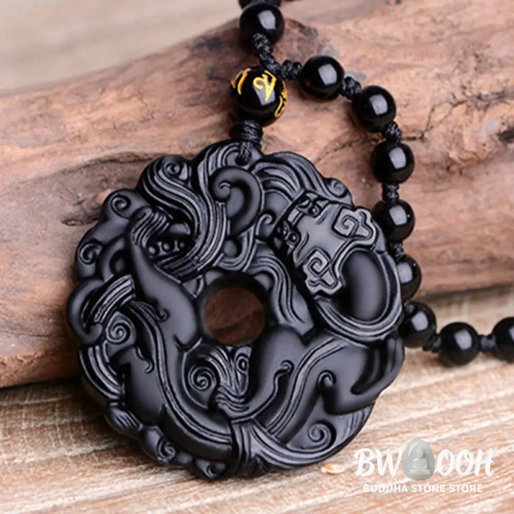 Buddha Stones Natural Black Obsidian Peace Buckle Pixiu Purification Necklace Pendant - BWOOOH - Black Obsidian