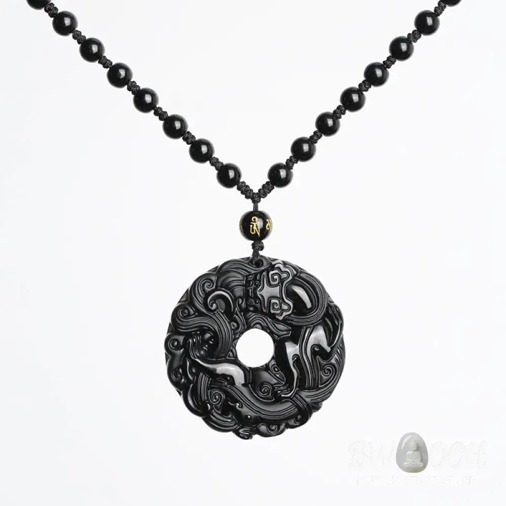 Buddha Stones Natural Black Obsidian Peace Buckle Pixiu Purification Necklace Pendant - BWOOOH - Black Obsidian