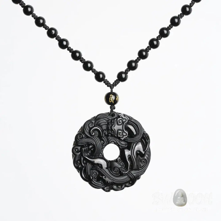 Buddha Stones Natural Black Obsidian Peace Buckle Pixiu Purification Necklace Pendant - BWOOOH - Black Obsidian