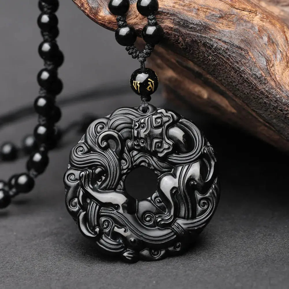 Buddha Stones Natural Black Obsidian Peace Buckle Pixiu Purification Necklace Pendant - BWOOOH - Black Obsidian