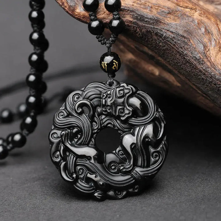 Buddha Stones Natural Black Obsidian Peace Buckle Pixiu Purification Necklace Pendant - BWOOOH - Black Obsidian