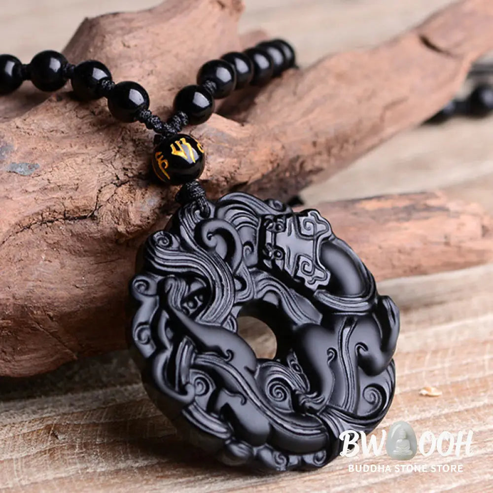 Buddha Stones Natural Black Obsidian Peace Buckle Pixiu Purification Necklace Pendant - BWOOOH - Black Obsidian