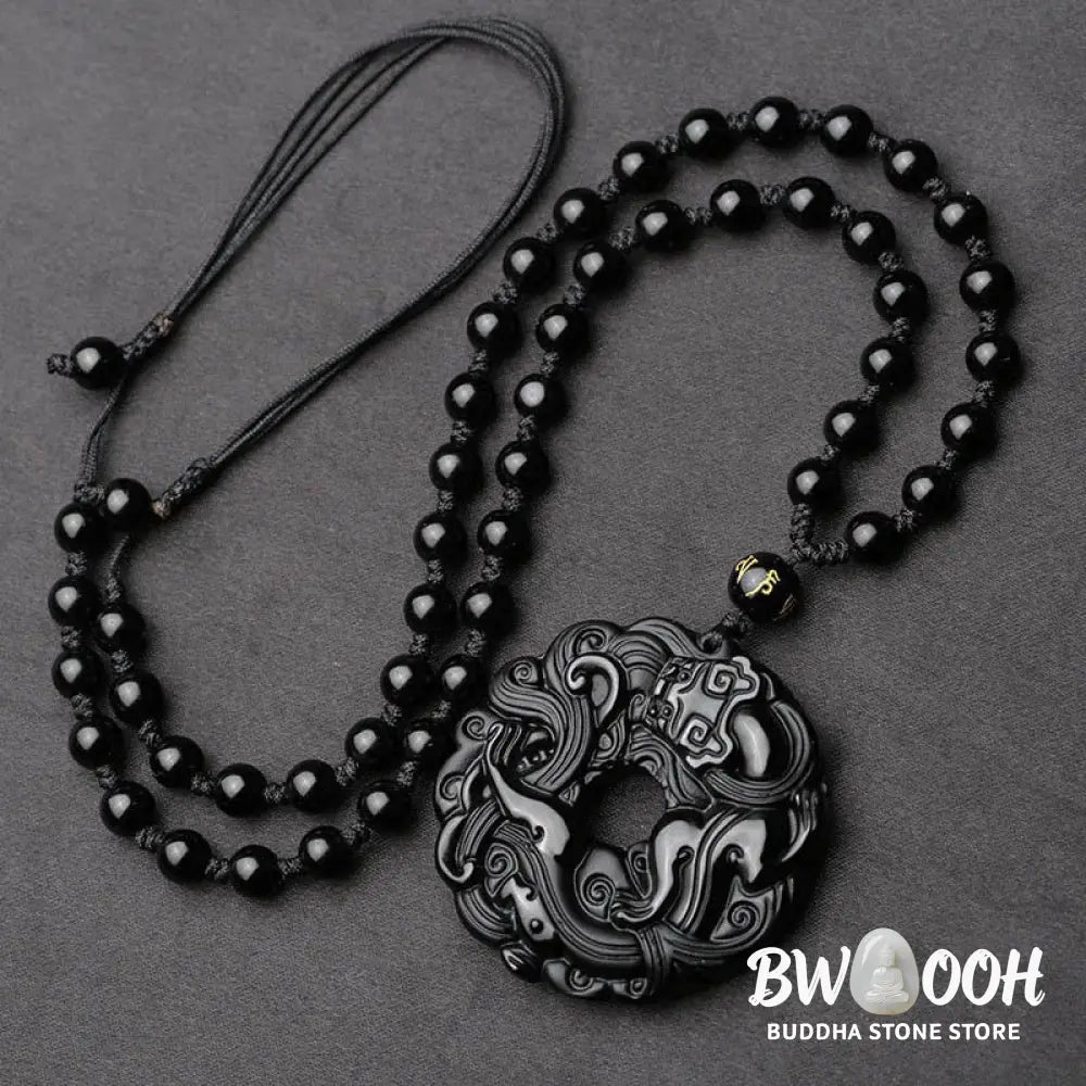 Buddha Stones Natural Black Obsidian Peace Buckle Pixiu Purification Necklace Pendant - BWOOOH - Black Obsidian