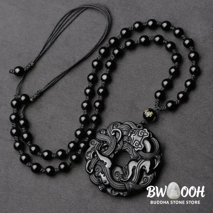 Buddha Stones Natural Black Obsidian Peace Buckle Pixiu Purification Necklace Pendant - BWOOOH - Black Obsidian