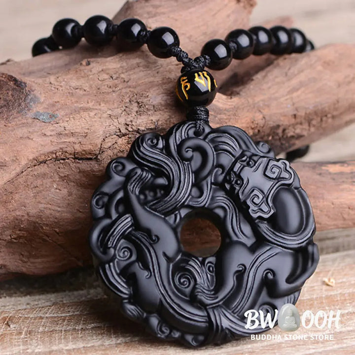 Buddha Stones Natural Black Obsidian Peace Buckle Pixiu Purification Necklace Pendant - BWOOOH - Black Obsidian