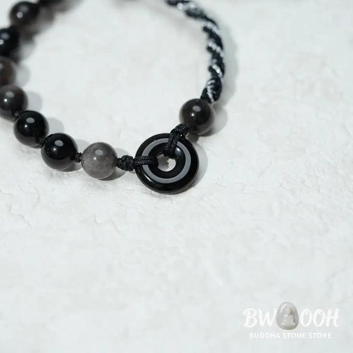 Buddha Stones Natural Black Obsidian Peace Buckle Purification Black Rope Bracelet - Black Obsidian Peace Buckle (Wrist