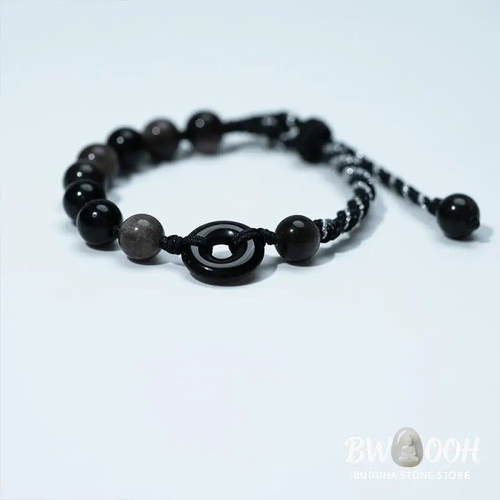 Buddha Stones Natural Black Obsidian Peace Buckle Purification Black Rope Bracelet - Black Obsidian Peace Buckle (Wrist