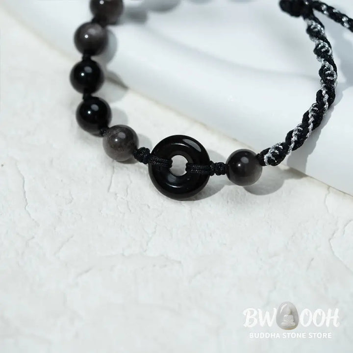 Buddha Stones Natural Black Obsidian Peace Buckle Purification Black Rope Bracelet - Black Obsidian Peace Buckle (Wrist