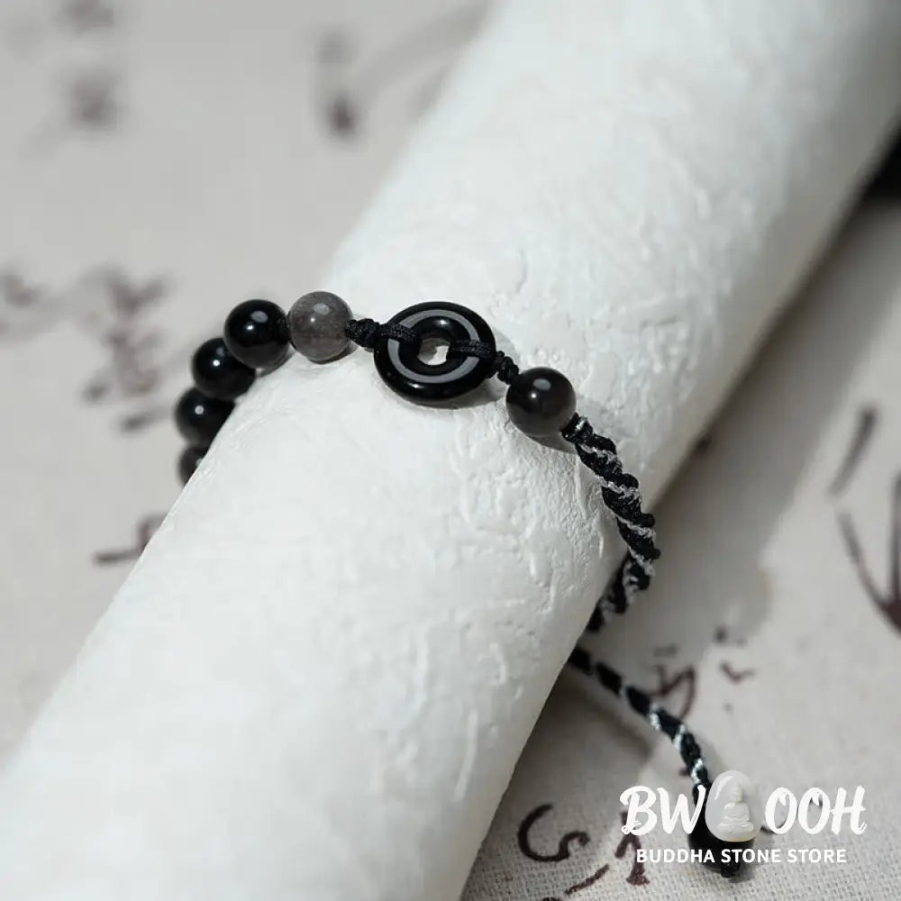 Buddha Stones Natural Black Obsidian Peace Buckle Purification Black Rope Bracelet - Black Obsidian Peace Buckle (Wrist