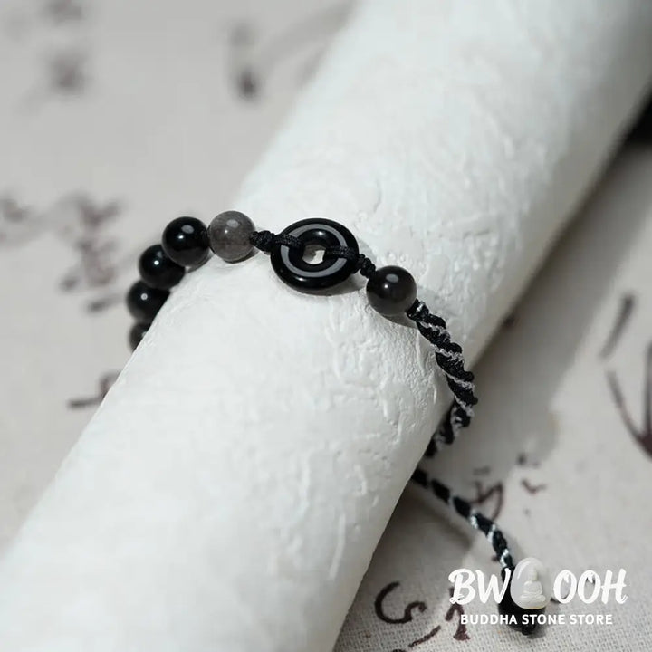 Buddha Stones Natural Black Obsidian Peace Buckle Purification Black Rope Bracelet - Black Obsidian Peace Buckle (Wrist