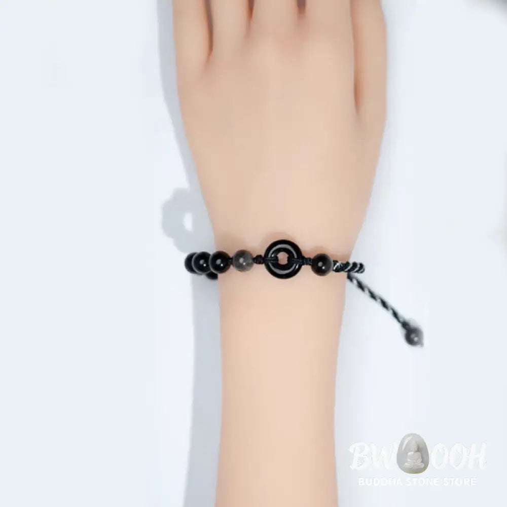 Buddha Stones Natural Black Obsidian Peace Buckle Purification Black Rope Bracelet - Black Obsidian Peace Buckle (Wrist