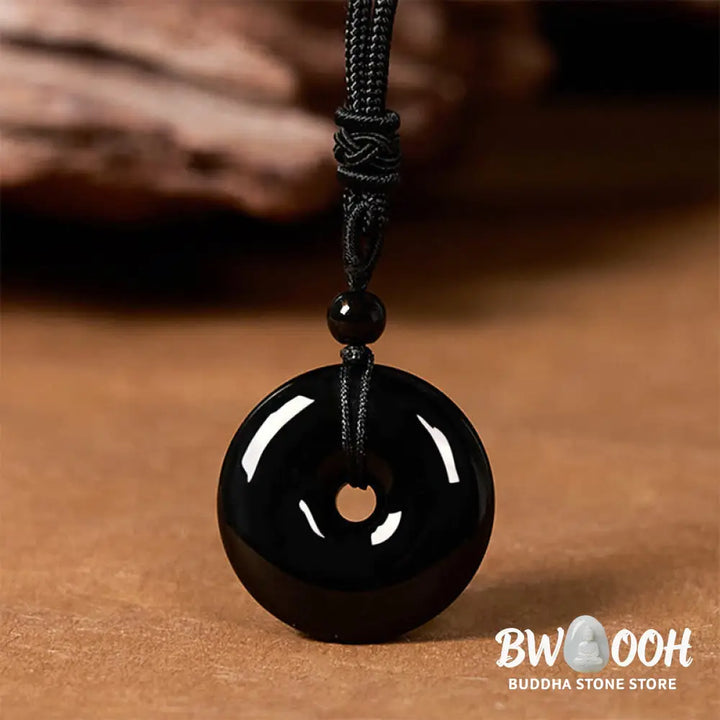 Buddha Stones Natural Black Obsidian Peace Buckle Strength Rope Necklace Pendant - BWOOOH - Necklaces &amp; Pendants