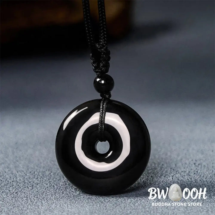 Buddha Stones Natural Black Obsidian Peace Buckle Strength Rope Necklace Pendant - BWOOOH - Necklaces &amp; Pendants