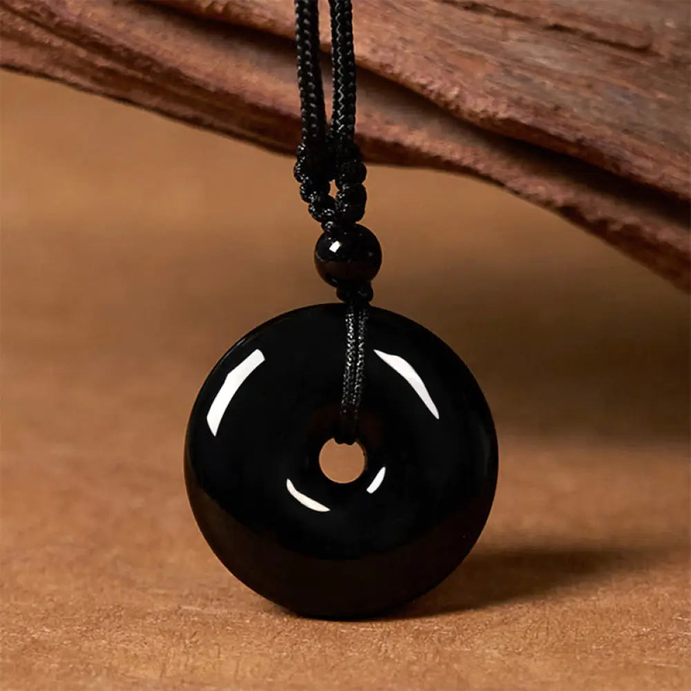 Buddha Stones Natural Black Obsidian Peace Buckle Strength Rope Necklace Pendant - BWOOOH - Black Obsidian&amp;Rope