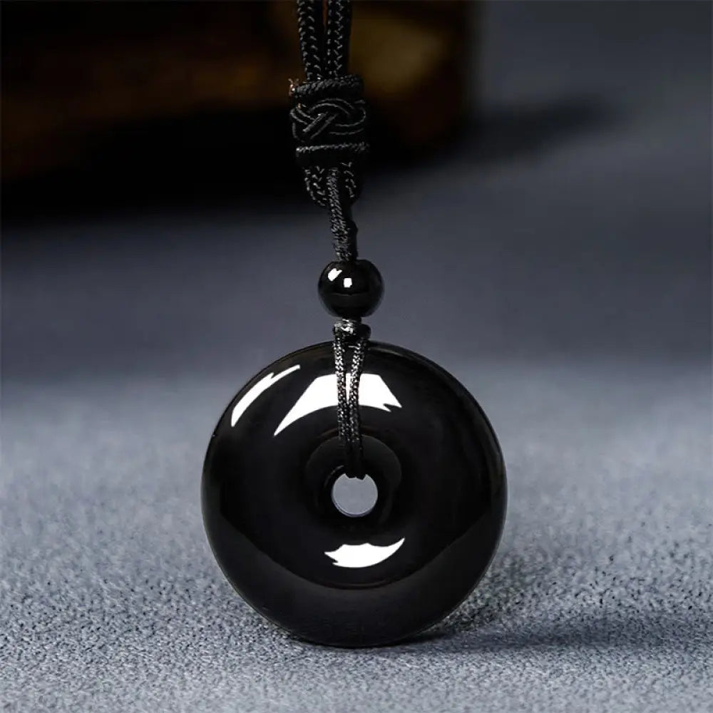 Buddha Stones Natural Black Obsidian Peace Buckle Strength Rope Necklace Pendant - BWOOOH - Black Obsidian&Simple Rope