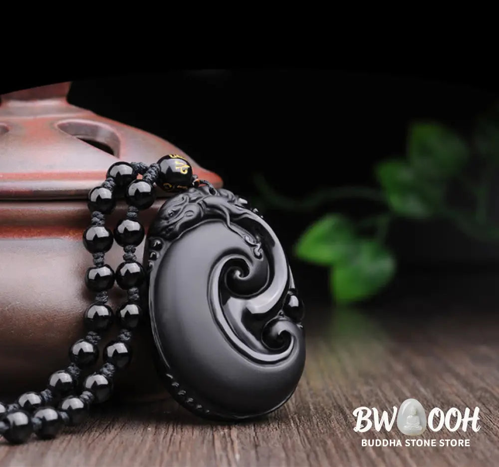 Buddha Stones Natural Black Obsidian PiXiu Oval Pattern Strength Necklace Pendant - BWOOOH - Black