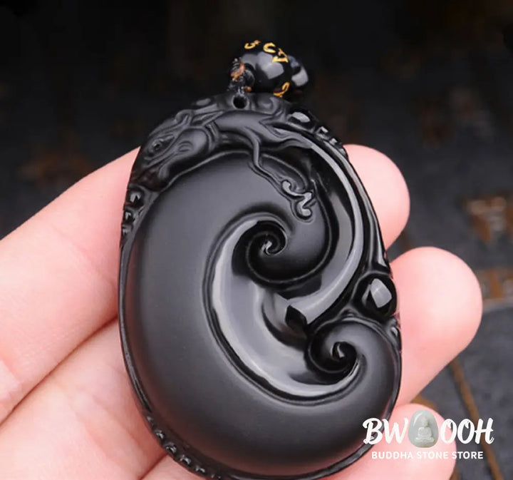 Buddha Stones Natural Black Obsidian PiXiu Oval Pattern Strength Necklace Pendant - BWOOOH - Black