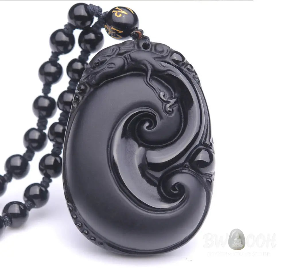Buddha Stones Natural Black Obsidian PiXiu Oval Pattern Strength Necklace Pendant - BWOOOH - Black