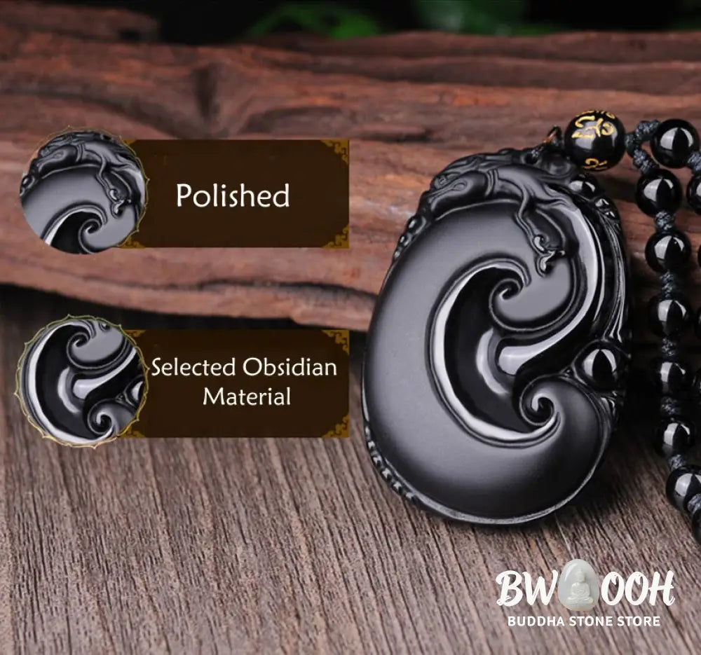 Buddha Stones Natural Black Obsidian PiXiu Oval Pattern Strength Necklace Pendant - BWOOOH - Black