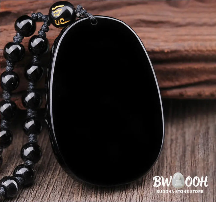 Buddha Stones Natural Black Obsidian PiXiu Oval Pattern Strength Necklace Pendant - BWOOOH - Black