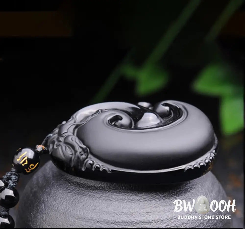 Buddha Stones Natural Black Obsidian PiXiu Oval Pattern Strength Necklace Pendant - BWOOOH - Black