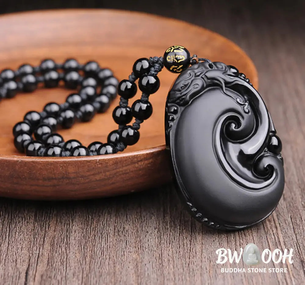 Buddha Stones Natural Black Obsidian PiXiu Oval Pattern Strength Necklace Pendant - BWOOOH - Black