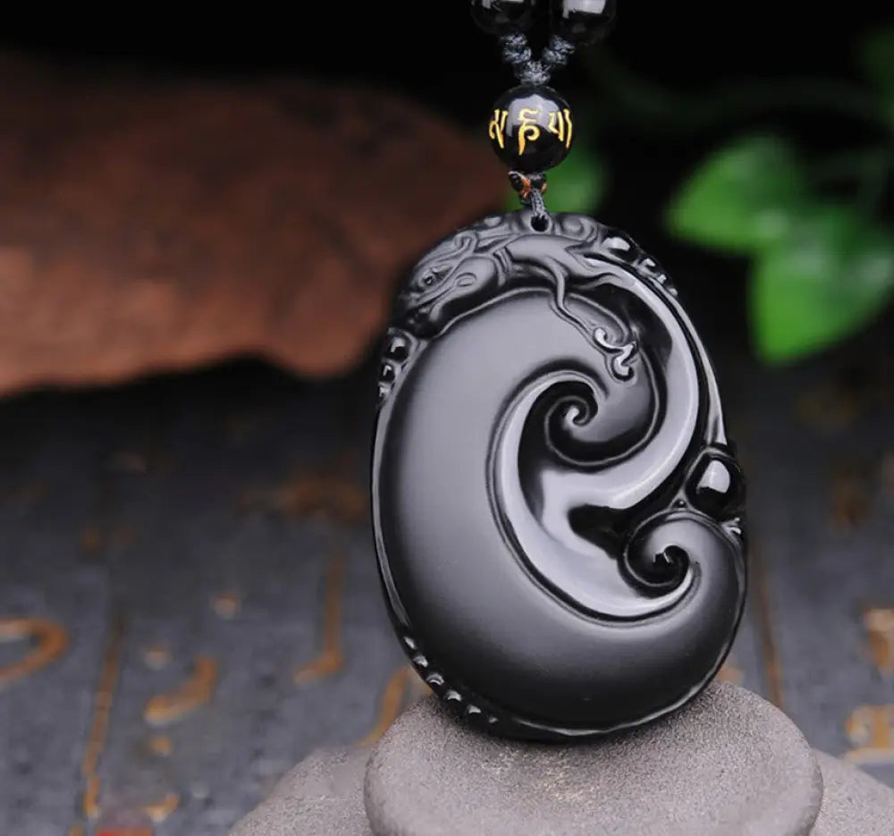 Buddha Stones Natural Black Obsidian PiXiu Oval Pattern Strength Necklace Pendant - BWOOOH - Black