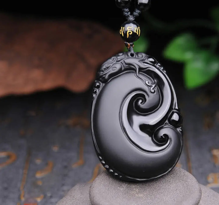 Buddha Stones Natural Black Obsidian PiXiu Oval Pattern Strength Necklace Pendant - BWOOOH - Black