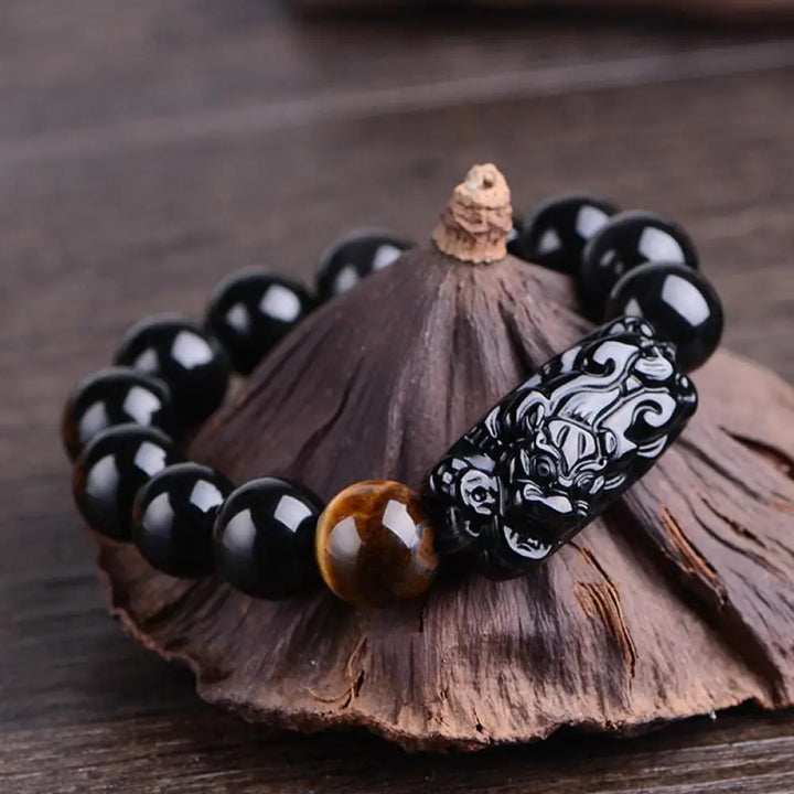 BWOOOH Natural Black Obsidian PiXiu Tiger’s Eye Strength Bracelet - BWOOOH - 12mm(Wrist Circumference 16-17cm)