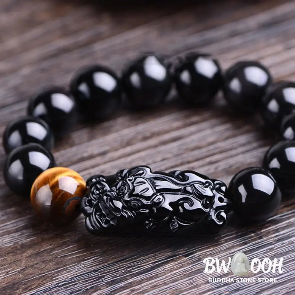 Buddha Stones Natural Black Obsidian PiXiu Tiger’s Eye Strength Bracelet - BWOOOH - Bracelet