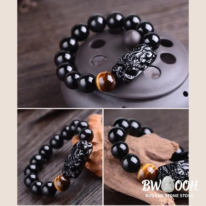 Buddha Stones Natural Black Obsidian PiXiu Tiger’s Eye Strength Bracelet - BWOOOH - Bracelet
