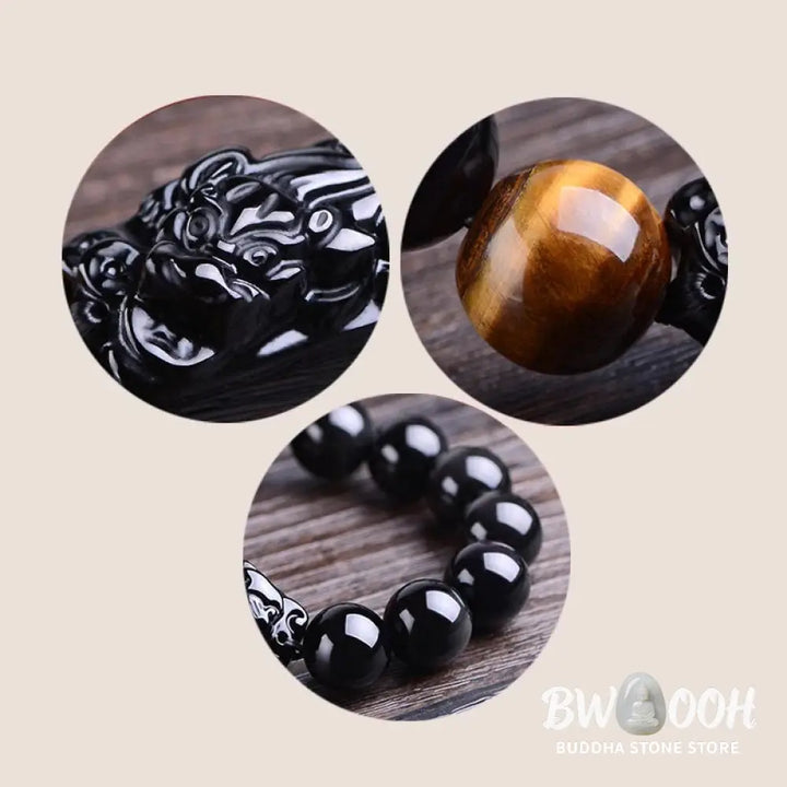 Buddha Stones Natural Black Obsidian PiXiu Tiger’s Eye Strength Bracelet - BWOOOH - Bracelet