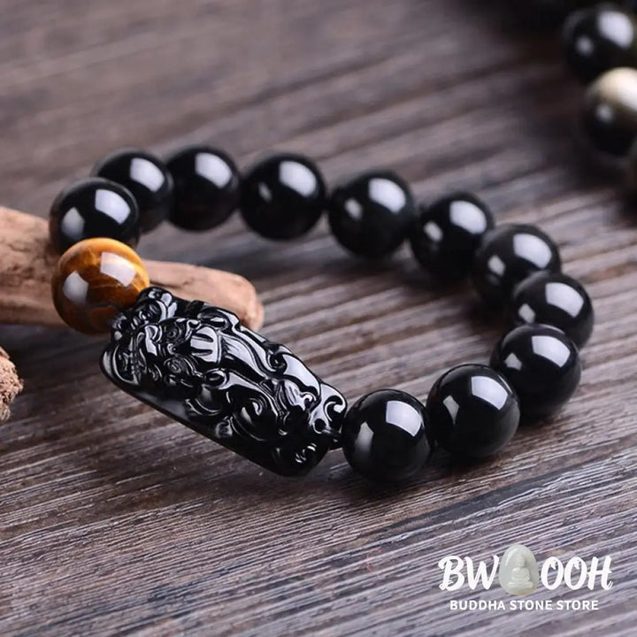Buddha Stones Natural Black Obsidian PiXiu Tiger’s Eye Strength Bracelet - BWOOOH - Bracelet