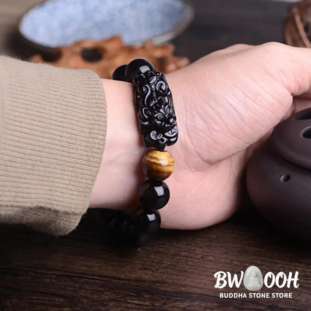 Buddha Stones Natural Black Obsidian PiXiu Tiger’s Eye Strength Bracelet - BWOOOH - Bracelet