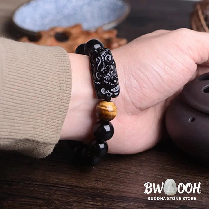 Buddha Stones Natural Black Obsidian PiXiu Tiger’s Eye Strength Bracelet - BWOOOH - Bracelet