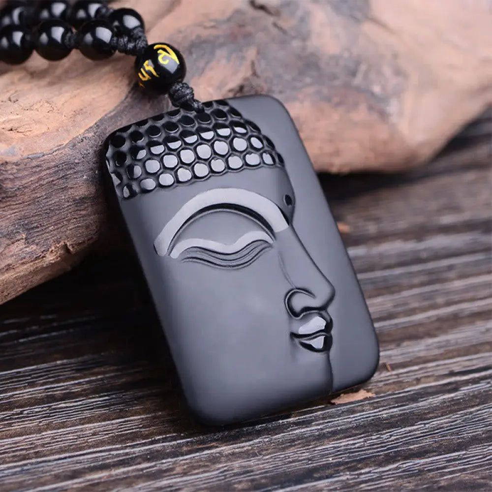 Buddha Stones Natural Black Obsidian Buddha Prayer Purification Luck Pendant Necklace - BWOOOH - Black Obsidian