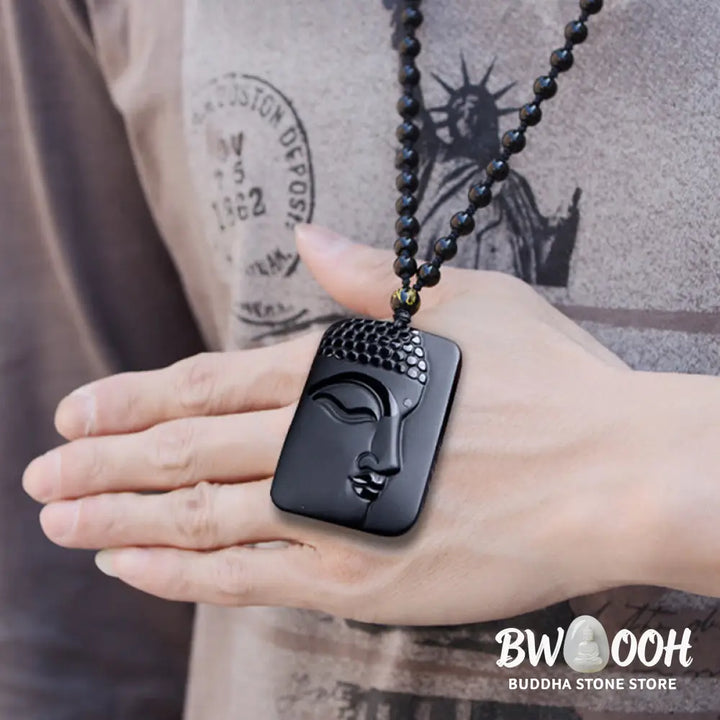 Buddha Stones Natural Black Obsidian Buddha Prayer Purification Luck Pendant Necklace - BWOOOH - Black Obsidian