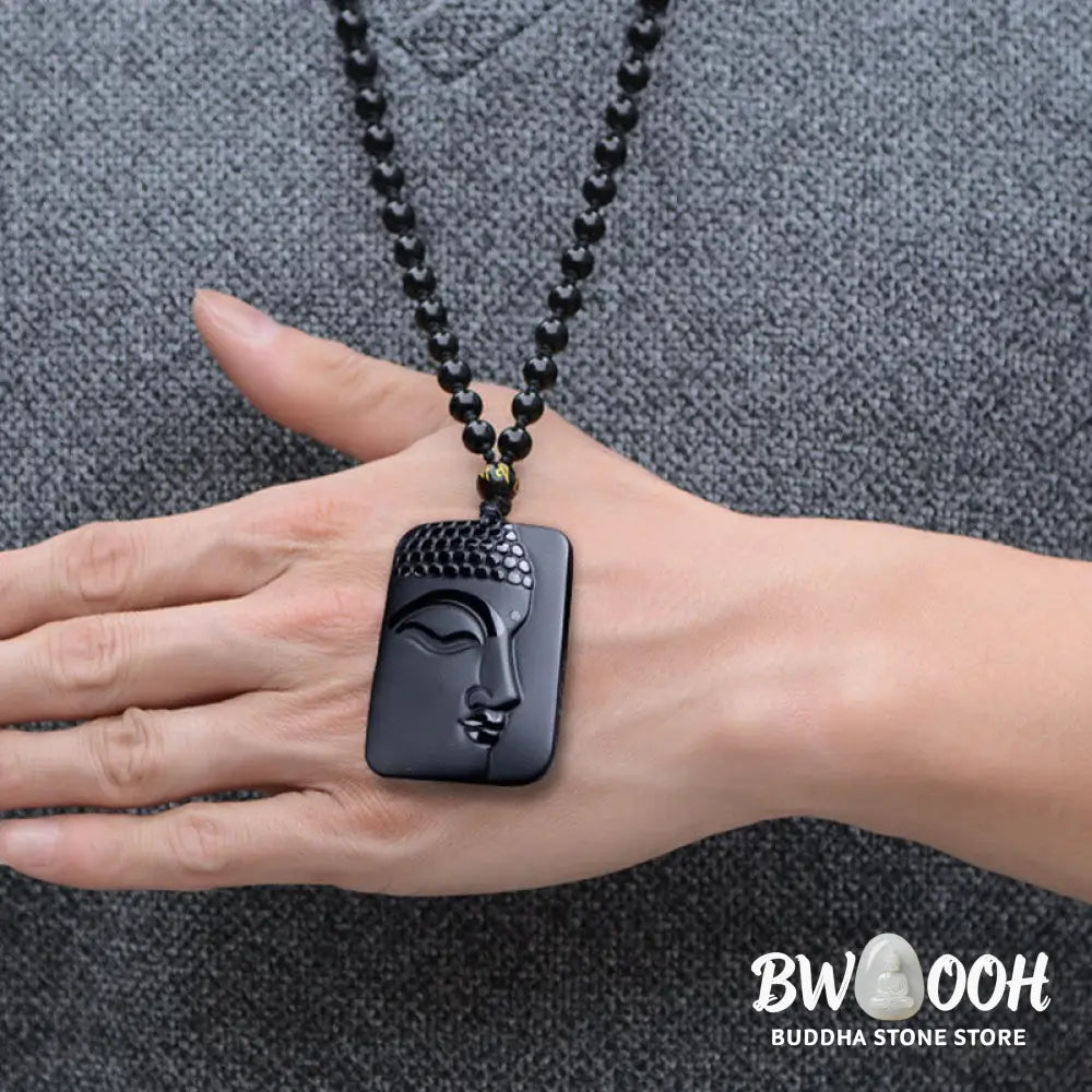Buddha Stones Natural Black Obsidian Buddha Prayer Purification Luck Pendant Necklace - BWOOOH - Black Obsidian