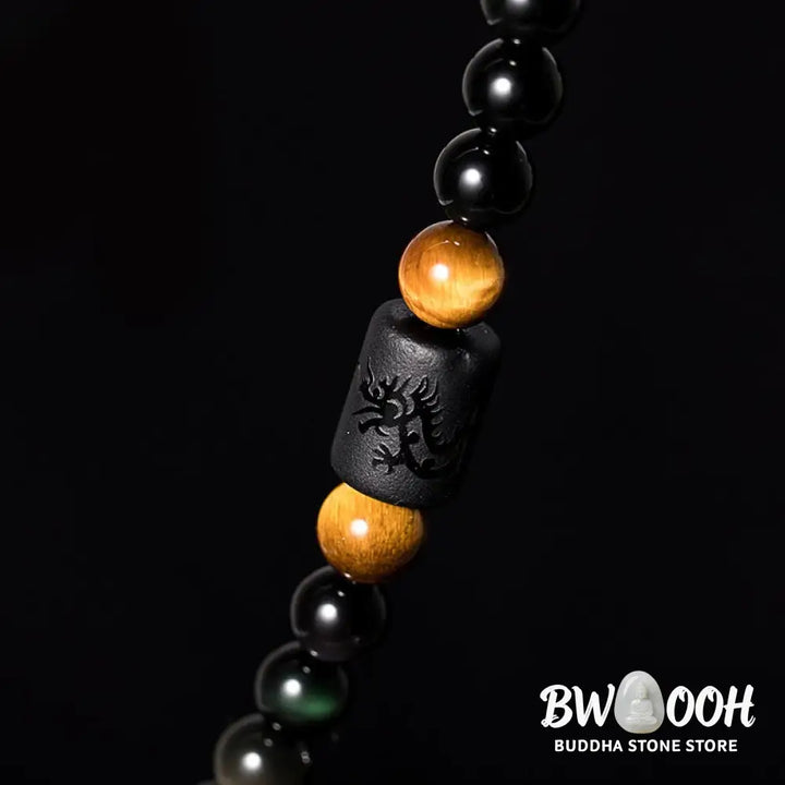 BWOOOH Natural Black Obsidian Rainbow Obsidian Gourd Blessing Mala Bracelet, 108 beads (6mm), showcasing iridescent flashes and a sacred gourd charm for spiritual protection and meditative practice. - View 9