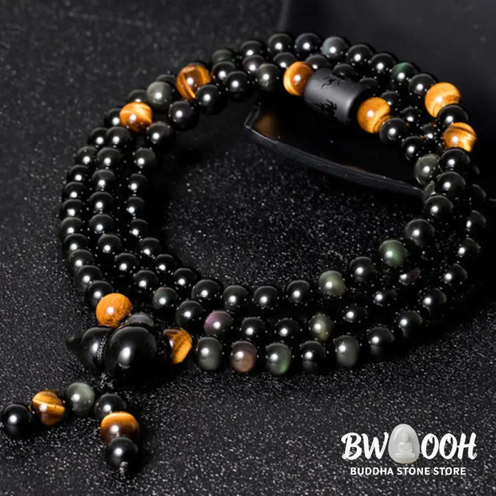 BWOOOH Natural Black Obsidian Rainbow Obsidian Gourd Blessing Mala Bracelet, 108 beads (6mm), showcasing iridescent flashes and a sacred gourd charm for spiritual protection and meditative practice. - View 2