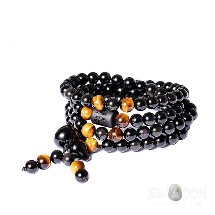BWOOOH Natural Black Obsidian Rainbow Obsidian Gourd Blessing Mala Bracelet, 108 beads (6mm), showcasing iridescent flashes and a sacred gourd charm for spiritual protection and meditative practice. - View 6