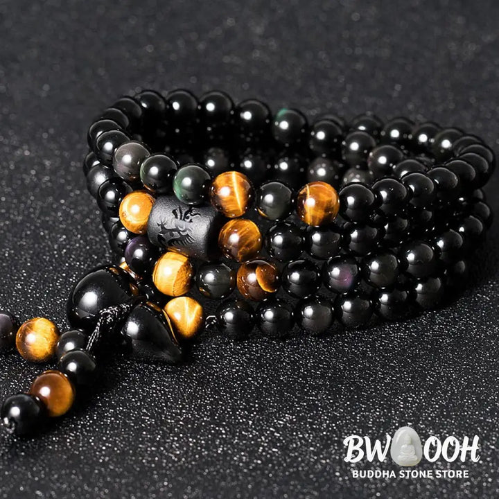 BWOOOH Natural Black Obsidian Rainbow Obsidian Gourd Blessing Mala Bracelet, 108 beads (6mm), showcasing iridescent flashes and a sacred gourd charm for spiritual protection and meditative practice. - View 4