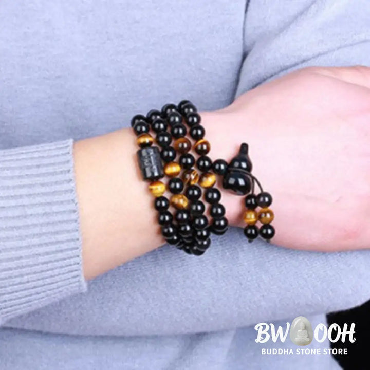 BWOOOH Natural Black Obsidian Rainbow Obsidian Gourd Blessing Mala Bracelet, 108 beads (6mm), showcasing iridescent flashes and a sacred gourd charm for spiritual protection and meditative practice. - View 5