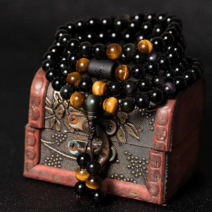 BWOOOH Natural Black Obsidian Rainbow Obsidian Gourd Blessing Mala Bracelet, 108 beads (6mm), showcasing iridescent flashes and a sacred gourd charm for spiritual protection and meditative practice. - View 8