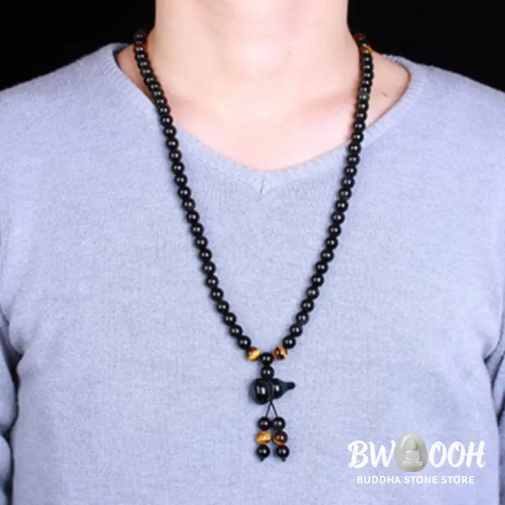 BWOOOH Natural Black Obsidian Rainbow Obsidian Gourd Blessing Mala Bracelet, 108 beads (6mm), showcasing iridescent flashes and a sacred gourd charm for spiritual protection and meditative practice. - View 3