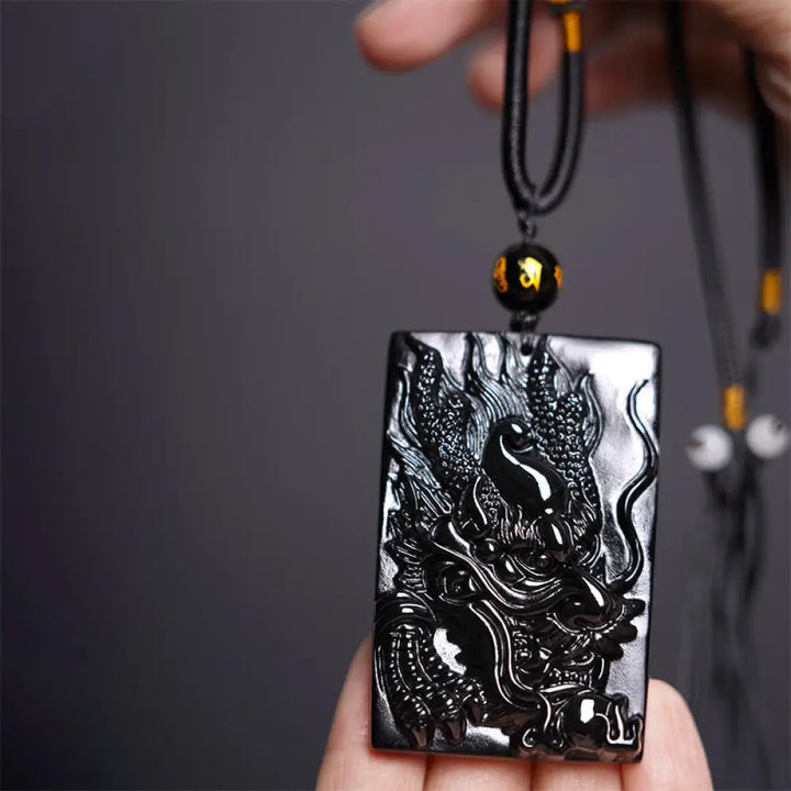 Buddha Stones Natural Black Obsidian Rectangular Dragon Engraved Success Necklace Pendant - BWOOOH - Dragon 61mm*40mm