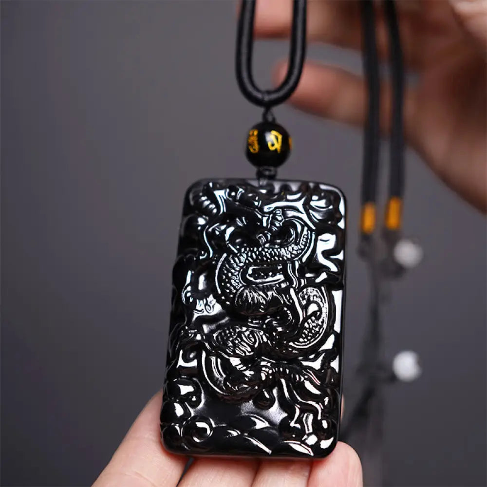 Buddha Stones Natural Black Obsidian Rectangular Dragon Engraved Success Necklace Pendant - BWOOOH - Dragon 62mm*39mm